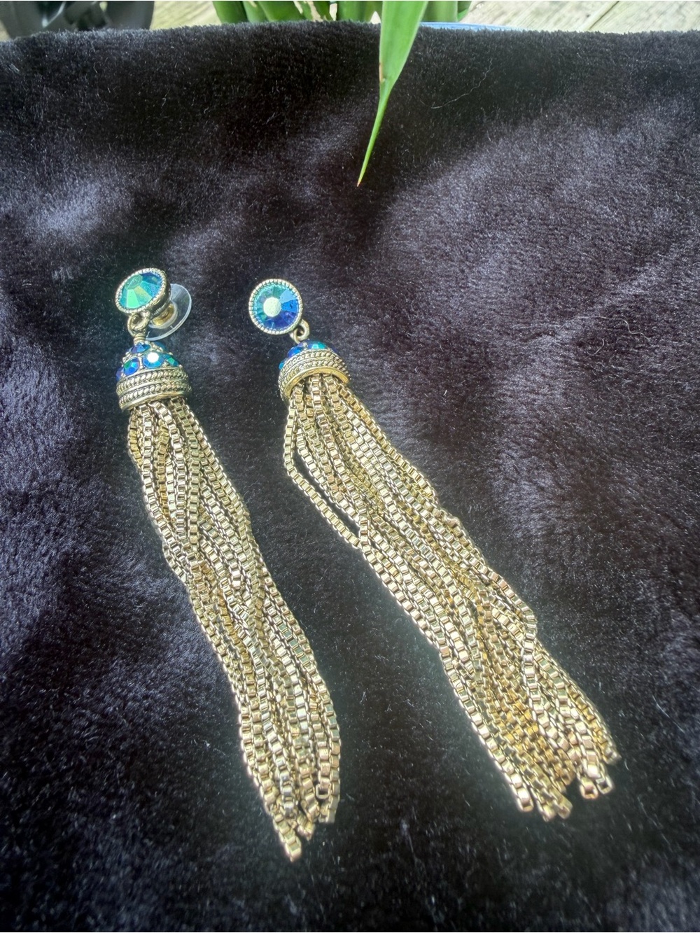 Heidi Daus "Skinny Tassel" Drop Earrings Blue Green Montana AB Gold Tone